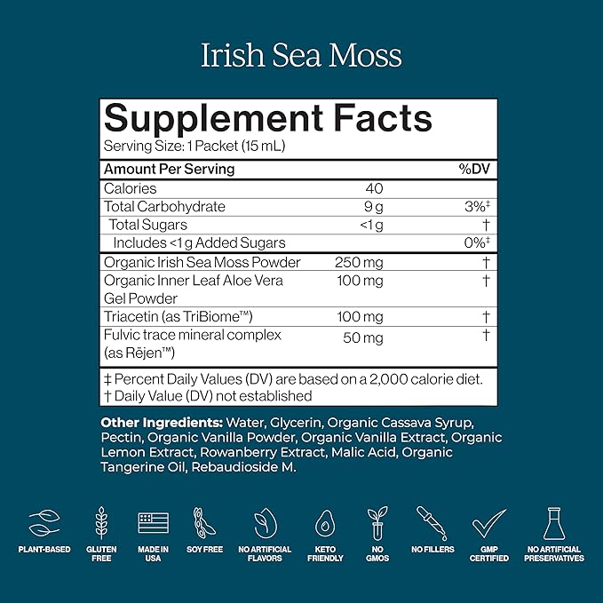 CYMBIOTIKA Irish Sea Moss Supplement Organic Wildcrafted Sea Moss with Aloe Vera Fulvic Minerals Postbiotics Gut Immune Skin Support On The go Packet 52 Servings 2 Month Supply