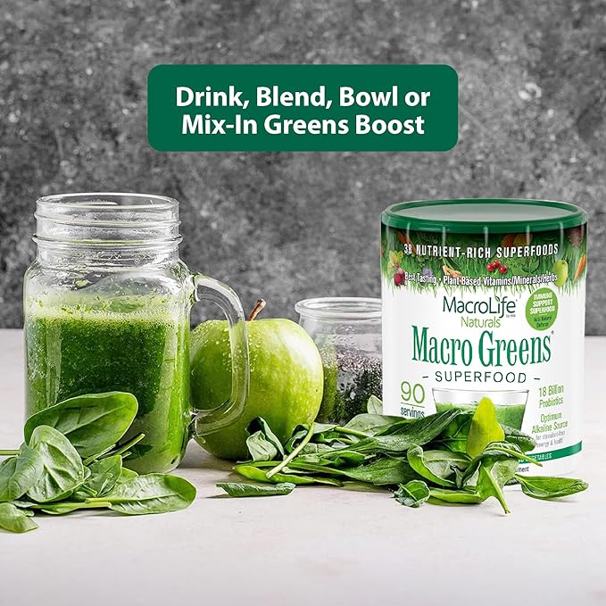 MacroLife Macro Greens Powder 38 Superfood Probiotics Antioxidants Digestive Enzymes &amp Adaptogen Supplement - Daily Super Green Juice &amp Smoothie Mix - Non-GMO Vegan Gluten-Free - 30 oz (90 Ser