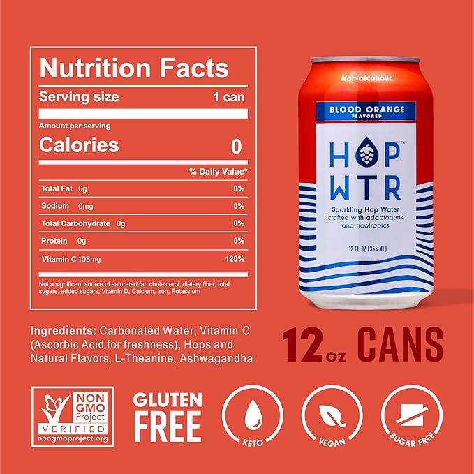HOP WTR Sparkling Hop Water Blood Orange 12 Pack Sugar Free Low Carb Non Alcoholic Drinks NA Beer Adaptogen Drink No Calories Adaptogens &amp Nootropics for Added Benefits 12 oz Cans