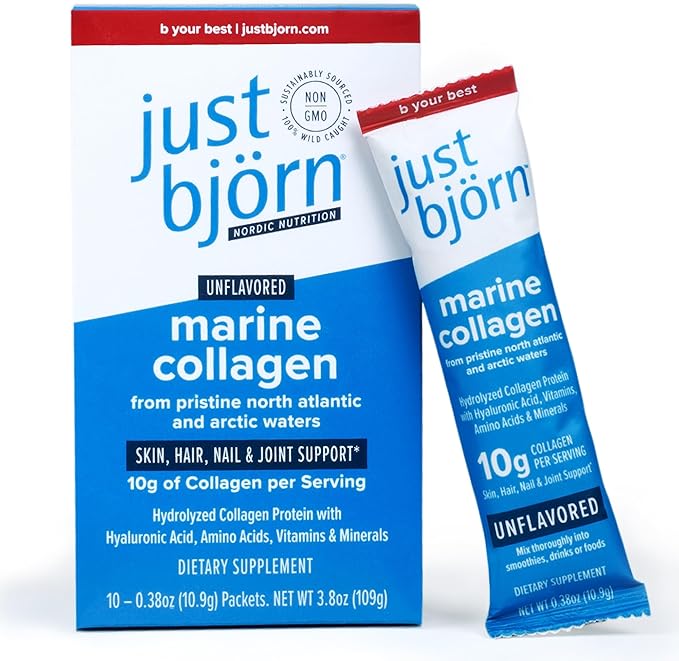 Just Bjorn Marine Collagen Peptide Powder Starter Kit Marine Collagen Peptide Powder On-The-Go Stick Packs (10 Sticks per Pack) | Skin Hair Nail and Joint Support + Hyaluronic Acid