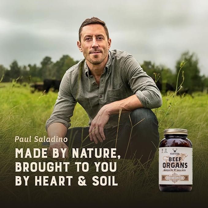 HEART &amp SOIL – 100% Grass Fed &amp Finished Beef Organs from Regenerative Cattle with Liver Heart Kidney Pancreas &amp Spleen – 3000mg Beef Organ Supplement for Women &amp Men – Glass Bottle