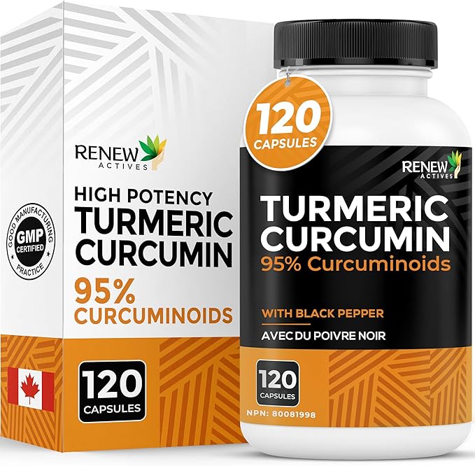 Renew Actives Turmeric Curcumin with Black Pepper – 600MG Turmeric Root 100MG Curcuminoids per 2 Capsules – Supports Digestion Liver Health Joint Relief &amp Mobility – Made in Canada – 120 Capsul