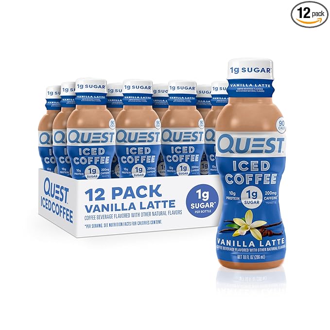 Quest Nutrition Iced Coffee Vanilla Latte 1g of Sugar 10g of Protein 90 calories 200mg of caffeine 12 Count