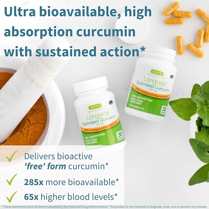 Igennus Longvida Lipidated Curcumin 500mg Ultra Bioavailable &amp Sustained Action 65x Higher Plasma Levels Intensive Support Free-Form Curcumin Vegan 30 Capsules