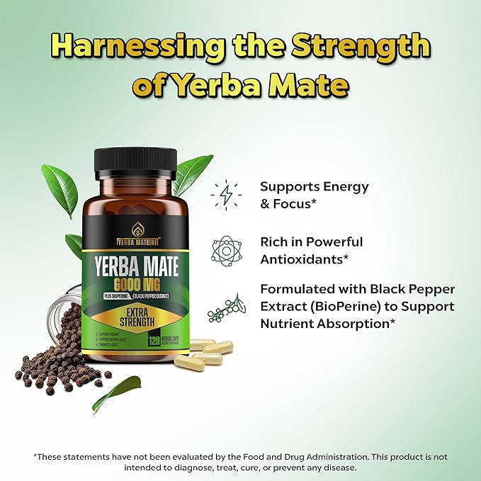 Extra Strength Yerba Mate High Potency 60mg Caffeine Per Capsule Extract Pills Supplements for Clean Natural Energy Improved Focus Concentration Nootropics Made in USA - 120 Caps
