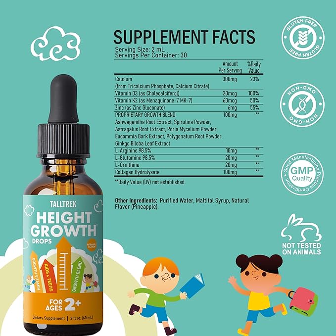 Height Growth Supplement Drops for Kids - Teens Bone Growth Height Increase and Maximizer Immune Health Drops with Vitamins D3 K2 Zinc &amp Calcium - Gluten Free Vegan Pineapple Flavor