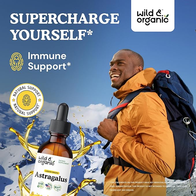 Wild &amp Organic Astragalus Extract Drops - Immune Support - Liquid Astragalus Root Supplement - Add to Tea &amp Mix with Powder - Membranaceus Herb - Vegan Sugar &amp Alcohol-Free Tincture - 2 f