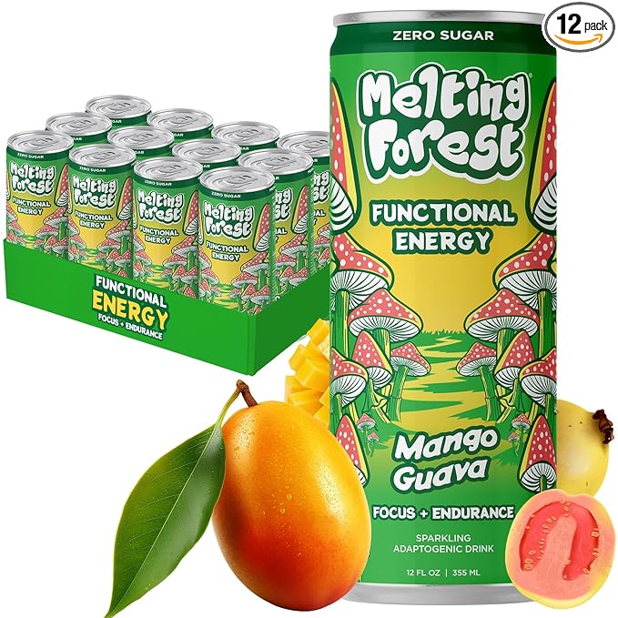Melting Forest Mushroom Energy Drink L-Theanine Cordyceps &amp Lion's Mane 150mg of Caffeine Energy &amp Focus Cognitive Function &amp Mental Clarity Mango Guava (12 Pack)