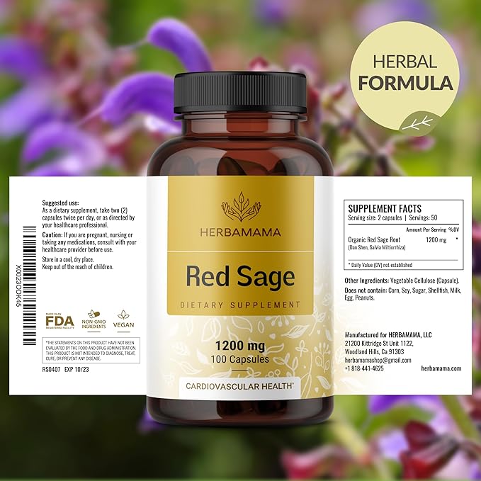 HERBAMAMA Red Sage Supplement Capsules - 1200mg Red Sage Root (Dan Shen) for Antioxidant Support - Vegan Non-GMO Salvia Miltiorrhiza Supplement