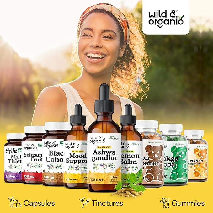 Wild &amp Organic Ashwagandha Liquid Drops - Calming Ashwagandha Root Extract for Relaxation - 1-Month Supply - Herbal Supplements for Women and Men - Vegan Sugar &amp Alcohol-Free Tincture - 2 fl