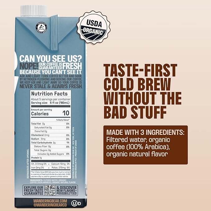 Wandering Bear Organic Vanilla Cold Brew Coffee - Extra Strong Bold Smooth Unsweetened Shelf-Stable Ready to Drink Gluten Free &amp Vegan Iced Cold Brewed Coffee Drink - 32 fl oz 6 pack