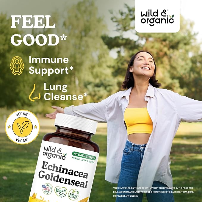 Wild &amp Organic Echinacea Goldenseal Capsules - Immune &amp Lung Support - Echinacea Complex Supplement - Hydrastis Canadensis &amp Purpurea - Vegan No Fillers Non-GMO - 90 Count