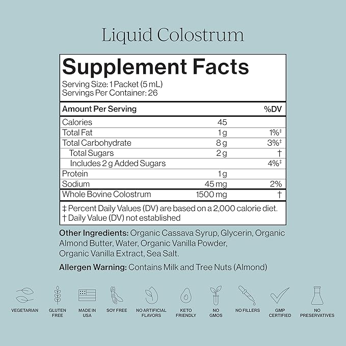CYMBIOTIKA Liquid Colostrum 1.5g Full Spectrum Colostrum Grass-Fed Bovine Colostrum for Gut Health Immune Support Skin &amp Recovery Sea Salt Vanilla Flavor 26 Daily Packets (Single Pack)