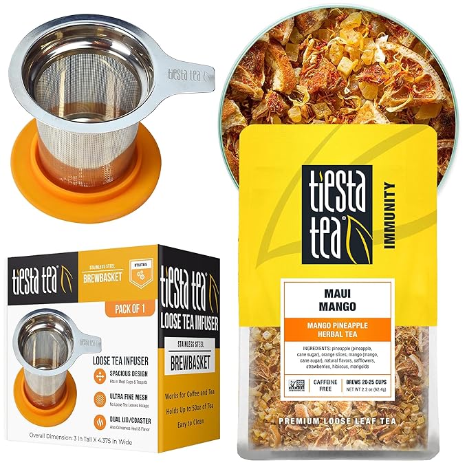 Tiesta Tea - Maui Mango Herbal Tea and Brewbasket Infuser Bundle Mango Pineapple Herbal Tea Non-Caffeinated Fruit Blend 5oz Reusable Stainless Steel Strainer