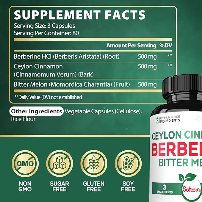 Satoomi Berberine 1500mg Supplement with Organic Ceylon Cinnamon Bark &amp Bitter Melon - 240 Vegan Capsules for 80 Servings - Immune System Heart Health Body Management &amp Digestion Support