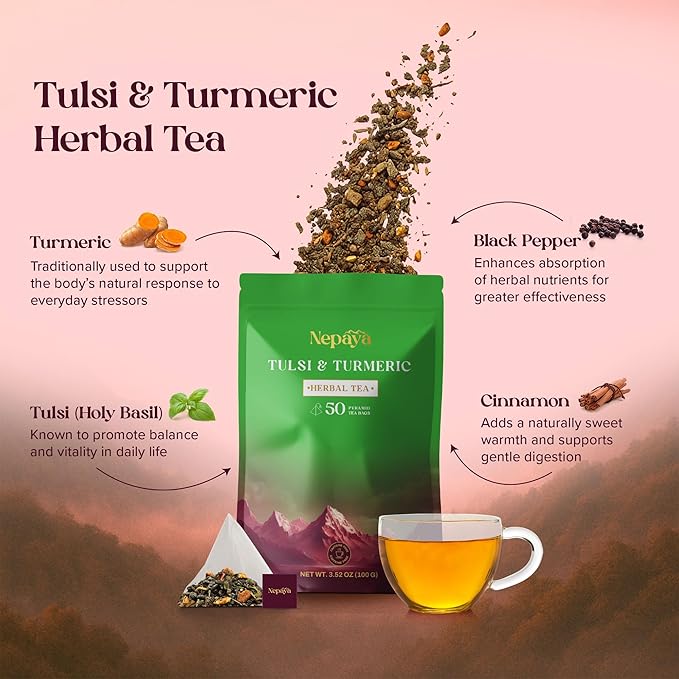 Nepaya Tulsi &amp Turmeric Herbal Tea Bag – 50 Pyramid Tea Bags Holy Basil with Cinnamon &amp Black Pepper Biodegradable Caffeine-Free Himalayan Blend