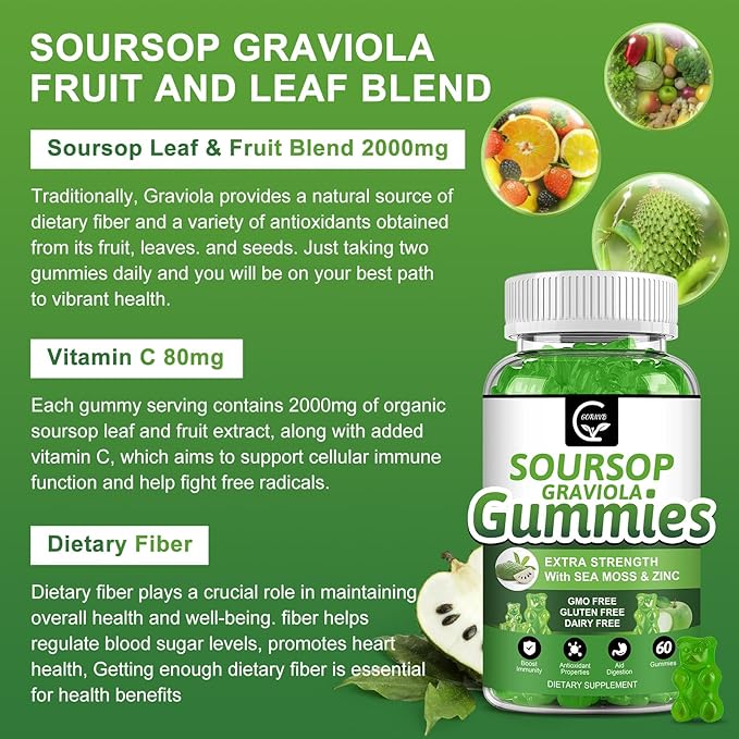 (2 Pack) Soursop Graviola Gummies - 2200mg Extra Strength Soursop Leaves Extract w/Sea Moss Extract 200mg Zinc &amp Vitamin C - Supports Immunity Liver &amp Digestive Gluten Free Vegan 120 Gumm
