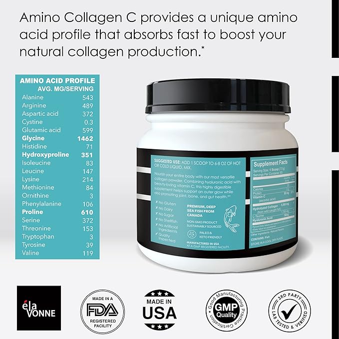 Amino Collagen C with Hyaluronic Acid (60 Servings 16oz_456g) - Non-GMO Marine Collagen Peptides - Hydrolyzed Powder - Unflavored - No Sugar - for Firm Skin Hydration and reducing fine Lines