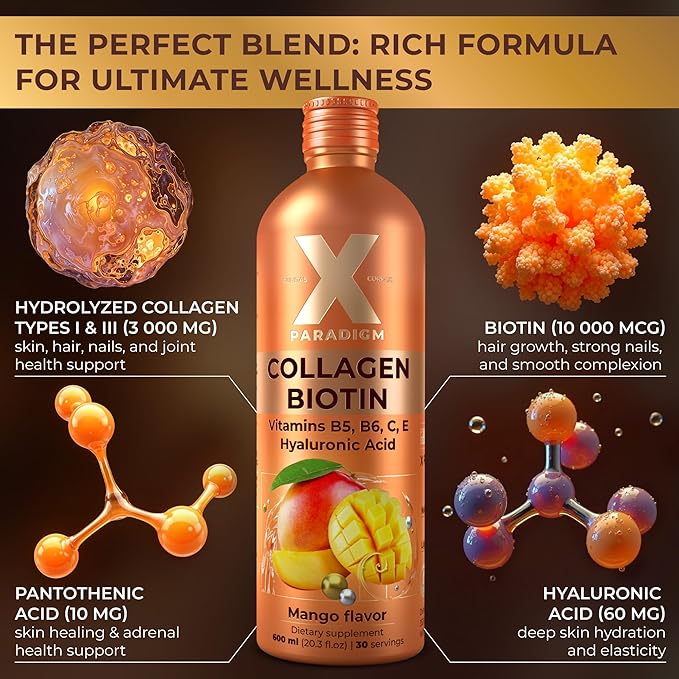 Liquid Collagen Peptides with Biotin &amp Hyaluronic Acid - Biotin 10000mcg Hydrolyzed Collagen Type 1 and 3 Vitamins B5 B6 C &amp E - Liquid Collagen for Women and Men Hair Skin and Nails Supp