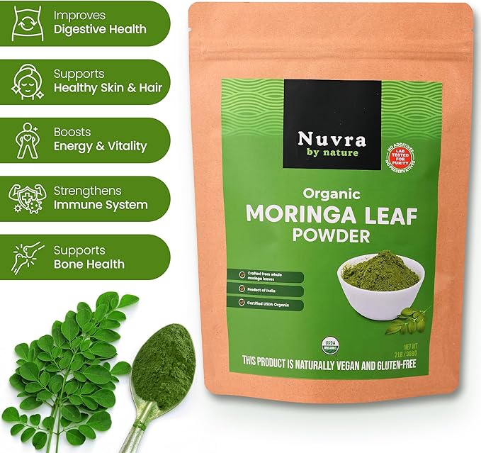 Nuvra by Nature Organic Moringa Leaf Powder – 2 lb | 100% Pure &amp Natural Superfood for Smoothies Tea &amp Lattes | Certified USDA Organic