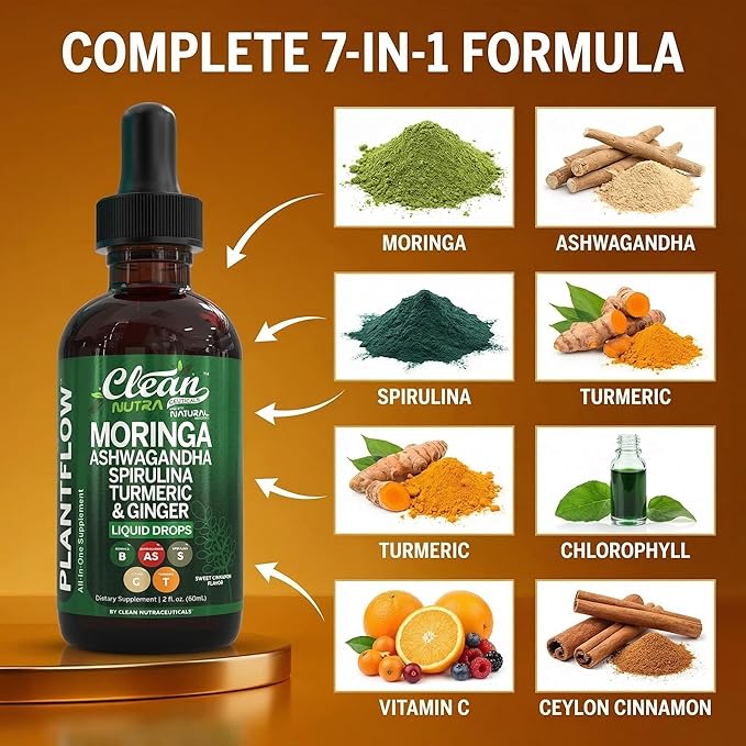 Clean Nutra Moringa Supplement Drops Ashwagandha Spirulina Chlorella Turmeric &amp Ginger Liquid Barley Grass with Chlorophyll Blue Green Algae Vitamin C Antioxidant Holy Basil Ceylon Cinnamon PlantF