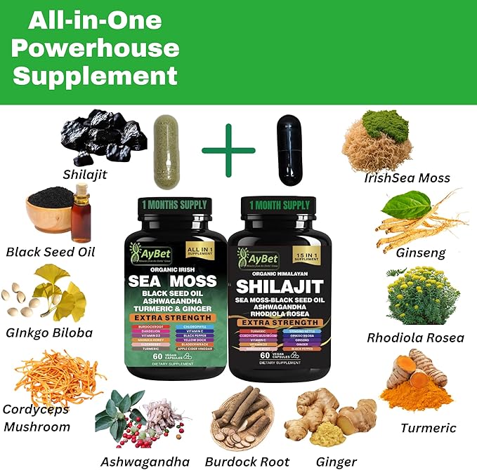 Sea Moss &amp Himalayan Shilajit Supplement Combo–Herbal Formula with Black Seed Oil Ashwagandha Rhodiola Turmeric Ginger – Mineral Antioxidant Support–Organic Halal Vegan Capsules–120 Count