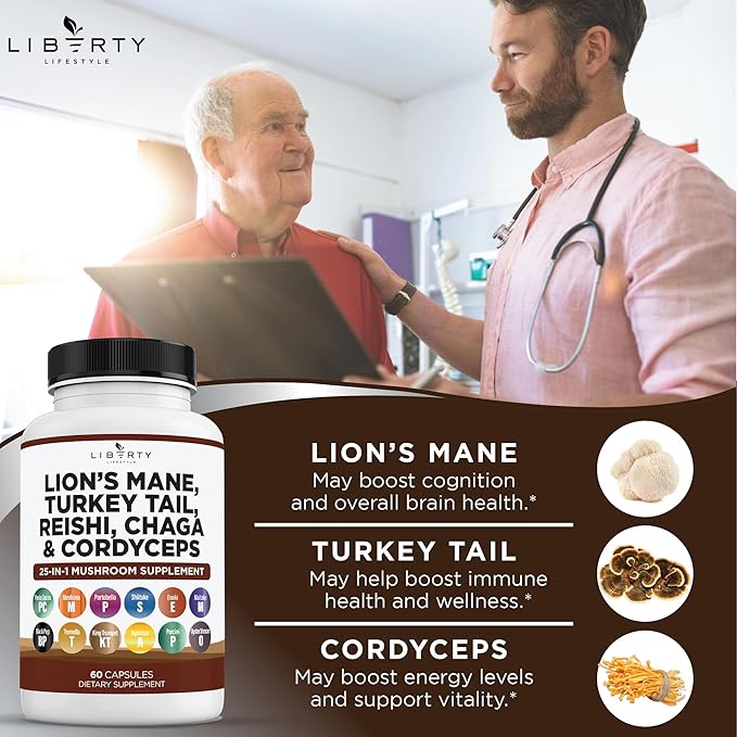 Lions Mane Mushroom Supplement with Turkey Tail Reishi Cordyceps Chaga with Marshmallow Root - 2-Pack