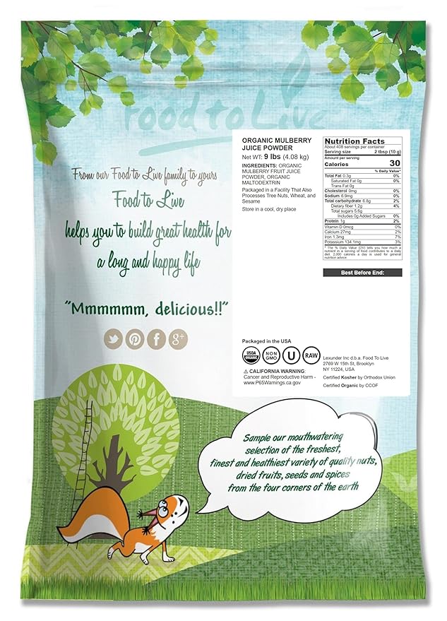 Food to Live Organic Mulberry Juice Powder 9 Pounds – Non-GMO Made from Raw Dried Berries Unsulfured Vegan Bulk Great for Baking Juices Smoothies Yogurts Contains Maltodextrin No Sulphites