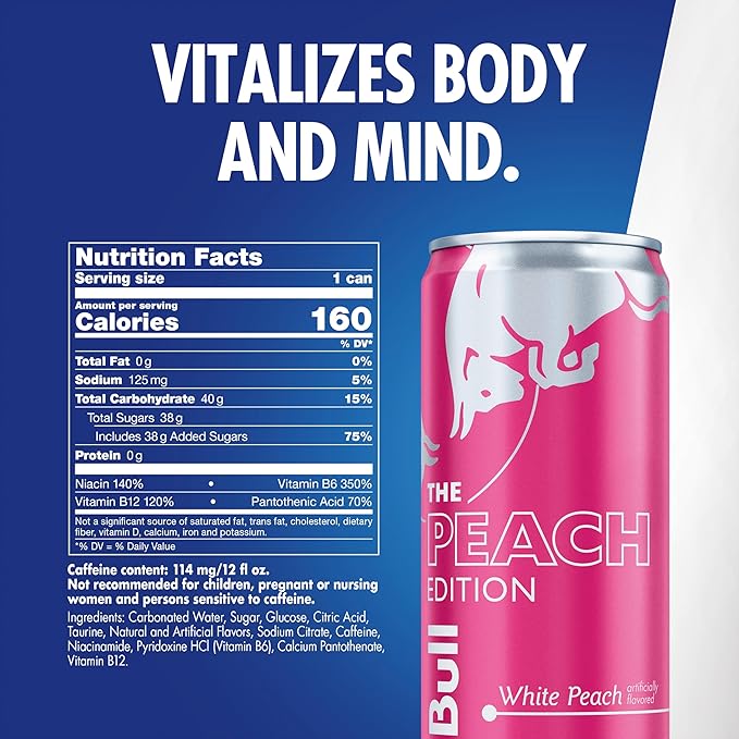 Red Bull Peach Edition Energy Drink White Peach 12 fl. oz. 24 cans with 114mg Caffeine Taurine &amp B Vitamins