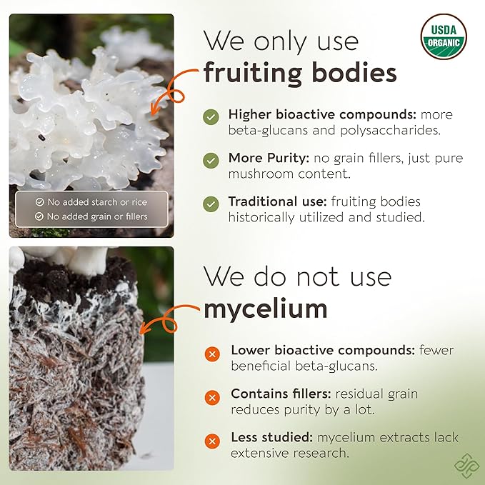 Organic Tremella Mushroom Powder Supplement 10:1 Extract 100g | Snow Fungus Fuciformis 100% Fruiting Body | ≥30% Beta-D-Glucans | 60 Servings of 1660mg | Skin Hydration Complexion &amp Beauty Suppo