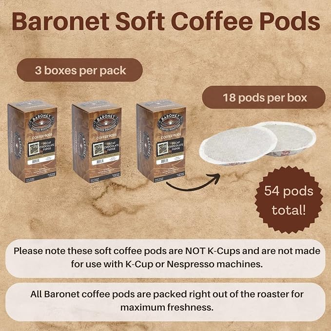 Baronet Coffee Pods [DECAF Chocolate Fudge-54 Pods] Flavored Single Cup Use Like Senseo [3 Boxes of 18 Single Serve 10 Gram] Regular Strength Med Roast [Decaf Choc Fud