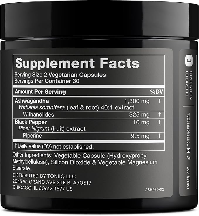Toniiq Ashwagandha - Ultra High Potency 40:1 Extract with 25% Withanolides - Wild Harvested in India - Highly Concentrated &amp Third-Party Lab Tested - 60 Capsules