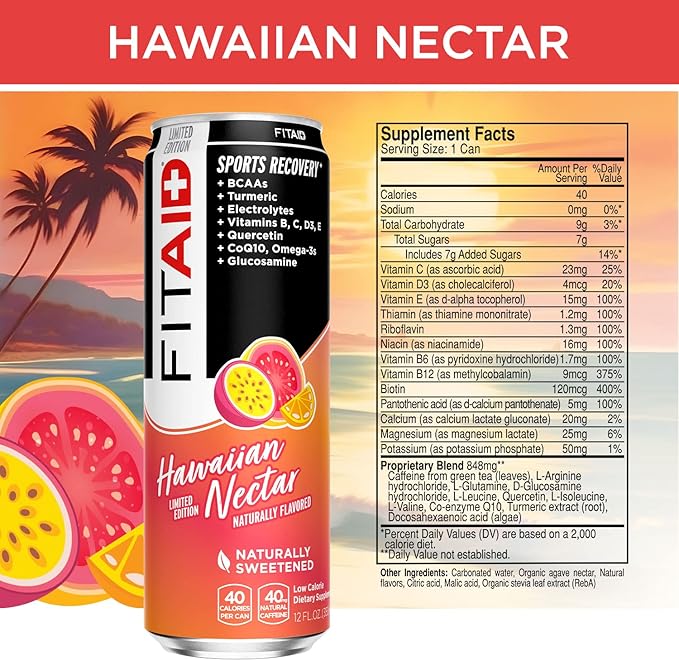 FITAID Post Workout Recovery Drink Hawaiian Nectar Passion Fruit Orange &amp Guava BCAAs Glucosamine Electrolytes 40 Calories 12 Fl Oz (Pack of 12)