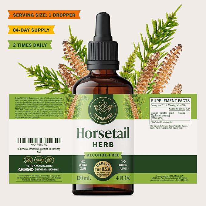 HERBAMAMA Horsetail Herb Extract Drops - Vegan Hair Nail &amp Skin Care with Horsetail Leaves Tincture - Non-GMO Alcohol &amp Sugar-Free Liquid Hair Strengthening Supplement 84-Day Supply
