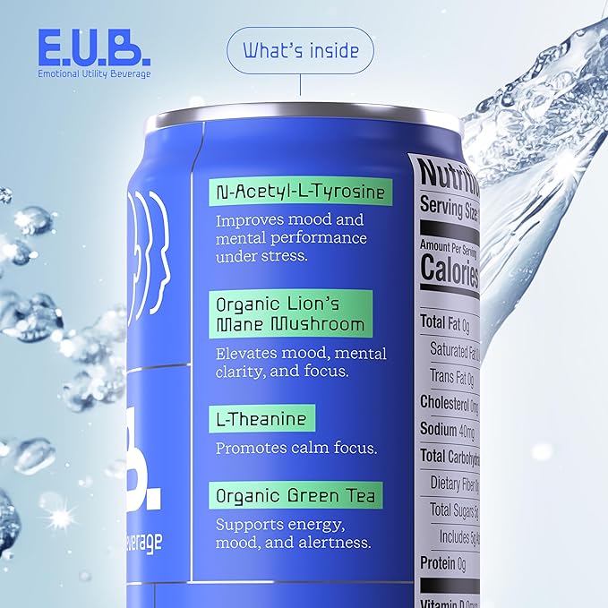 E.U.B. Mango Passionfruit Sparkling Functional Beverage 12oz Can 50mg Caffeine 25 Calories with Nootropics &amp Adaptogens for Mood &amp Energy Support