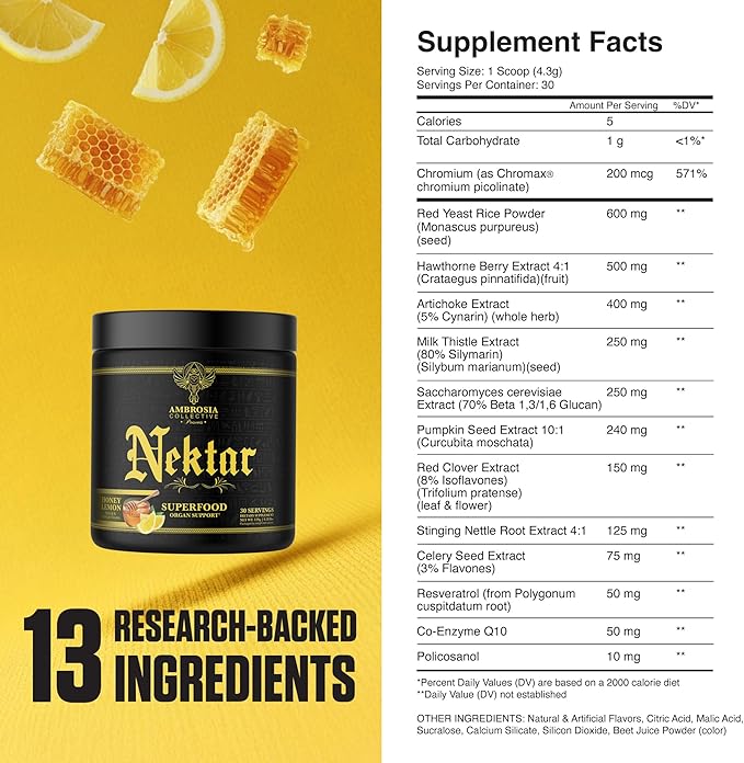 Ambrosia Nektar - Superfood Powder | Daily Organ Support Supplement | Greens Powder Alternative | 13 Superfoods for Energy Digestion Skin Health &amp Immune Support | 30 Servings | Honey Lemon