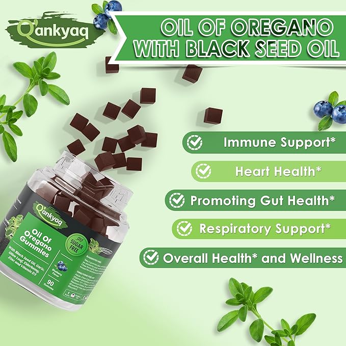 Oregano Oil with Black Seed Oil Organic Gummies for Kids and Adults | 6-in-1 Oregano Oil Supplement | Carvacrol + Thymoquinone | Immune Support with Garlic Elderberry | Sugar-Free 90 Chewable