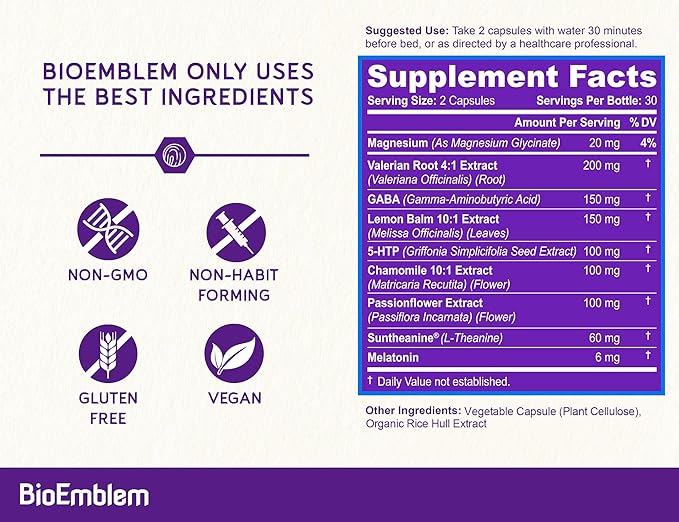 BioEmblem Natural Sleep Aid for Adults with Melatonin Valerian Root Suntheanine &amp More | Healthy Sleep Supplement | Herbal Sleeping Pills | 60 Capsules 5 Pack