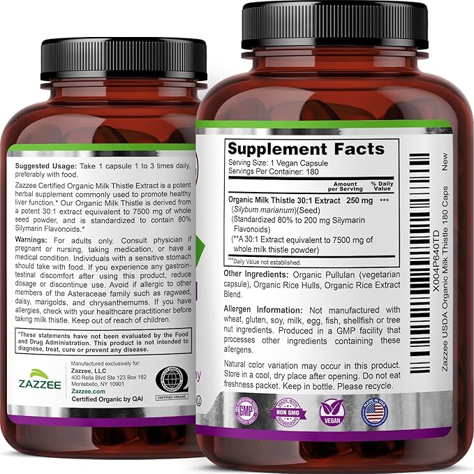 Zazzee USDA Organic Milk Thistle 30:1 Extract 80% Silymarin 180 Vegan Capsules 6 Month Supply Certified Kosher High Potency Liver &amp Antioxidant Support Silybum Marianum Non-GMO Made in the