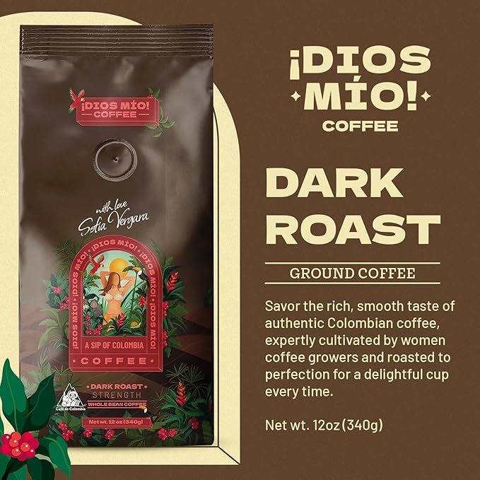 Dios Mio Coffee by Sofia Vergara Mixed Roast Ground Premium Colombian Coffee 12 Ounce Bag (Pack of 3)