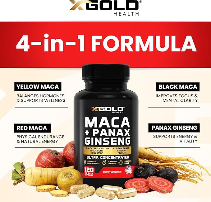 Maca Root Capsules 10000mg + Korean Panax Ginseng 1400mg - 20x Concentrated Extract Black + Red + Yellow Maca Root 10x Concentrated Extract Panax Ginseng Capsules - Ultra Potent &amp Highly Purifi