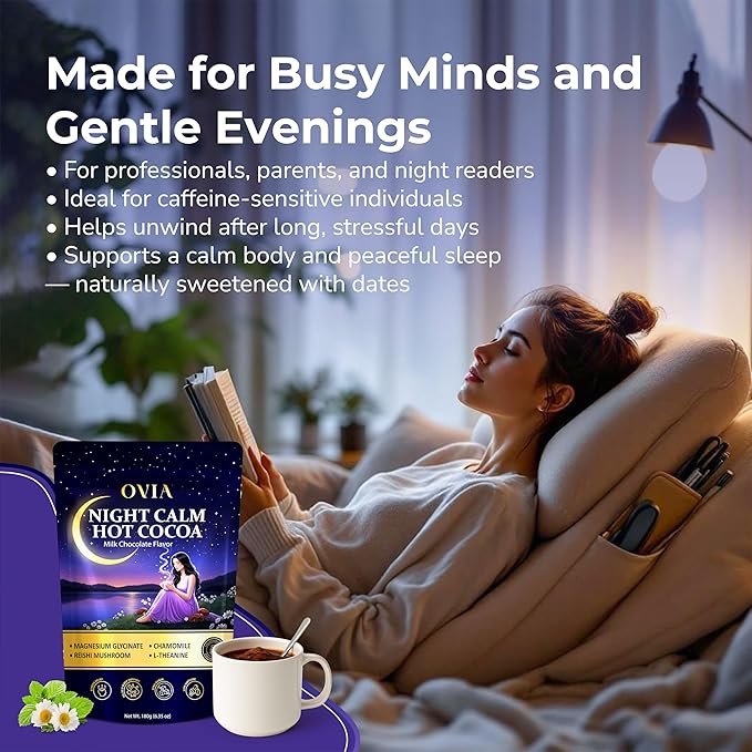 OVIA Night Calm – Melatonin-Free Magnesium Mushroom Hot Cocoa for Sleep – Nighttime Hot Chocolate with L-Tryptophan L-Theanine &amp Reishi – Relaxation Stress &amp Cortisol Support | 30 Servings