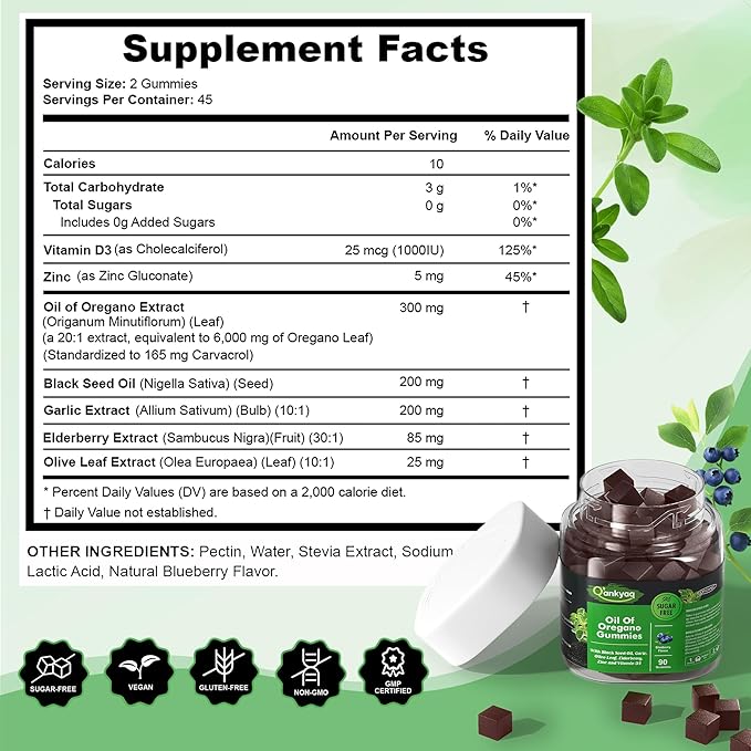 Oregano Oil with Black Seed Oil Organic Gummies for Kids and Adults | 6-in-1 Oregano Oil Supplement | Carvacrol + Thymoquinone | Immune Support with Garlic Elderberry | Sugar-Free 90 Chewable
