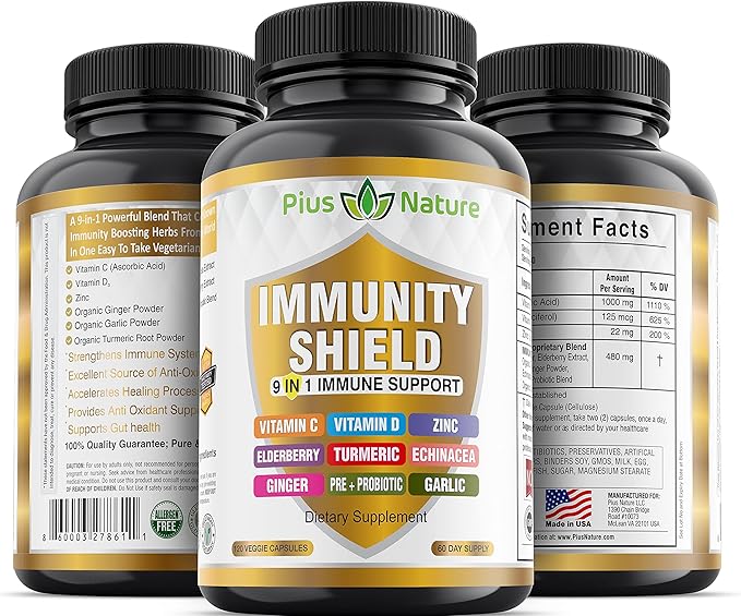 9-in-1 Immune Support Vitamin C (1000mg) Vitamin D3 (5000 IU) Zinc(22mg) with Elderberry Turmeric Echinacea Ginger Garlic and Pre+Pro-Biotic per Serving (120 caps per Bottle - 2 Month Supply)