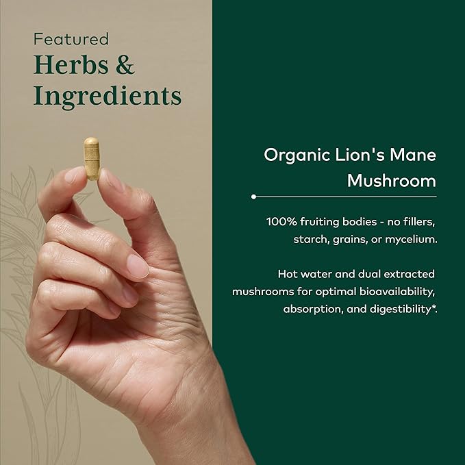 GAIA HERBS PRO Lion's Mane Mushroom - Supports Brain &amp Neurological Health* - Organic Mushrooms - 2500mg Per Serving - Gluten-Free - 60 Capsules (30 Servings)