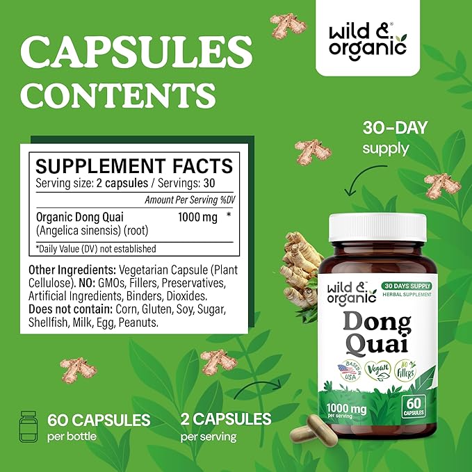 Wild &amp Organic Dong Quai Capsules 1000 mg - Menopause Supplements for Women - Dong Quai Root Supplement - 30-Day Supply - Traditional Angelica Sinensis Herb - Non-GMO Vegan - 60 Count