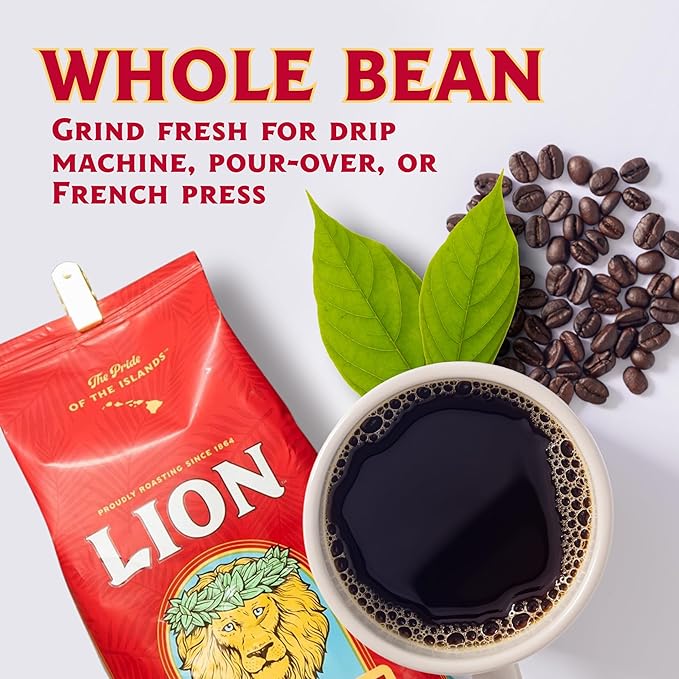 Lion Coffee 24K Gold Roast 100% Kona Whole Bean Coffee Medium-Light Roast A Taste of Aloha - 7 Ounce Bag