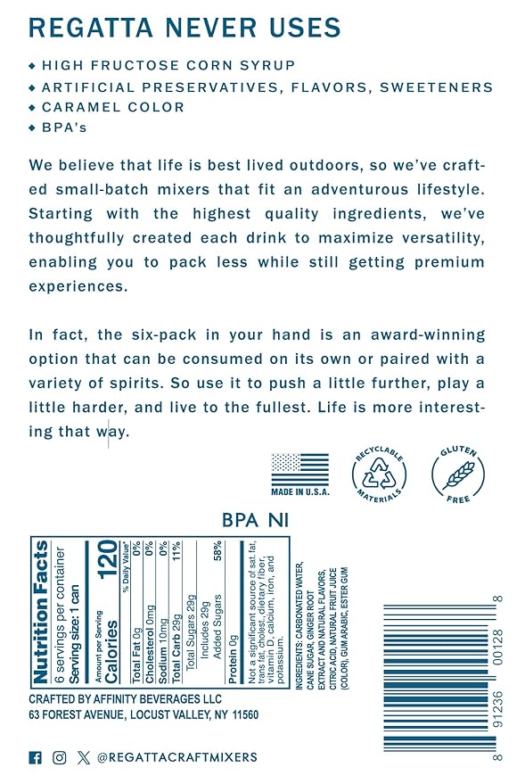 Ginger Beer Regatta Craft Mixers Premium Ginger Beer All-Natural Ingredients Non-GMO 7.5oz Case of 24 Sleek Cans