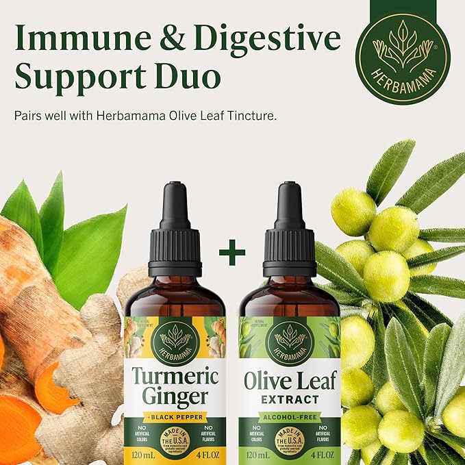 HERBAMAMA Turmeric and Ginger Supplement - Vegan Immune Complex with Liquid Turmeric with Ginger and Black Pepper Extract - Non-GMO Alcohol &amp Sugar-Free Immunity Drops - 56-Day Supply