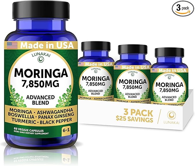 Lunakai USA Made Pure Moringa Capsules – Advanced Moringa Leaf Extract Supplement with Ashwagandha Boswellia Ginseng &amp Turmeric - 3 Pack